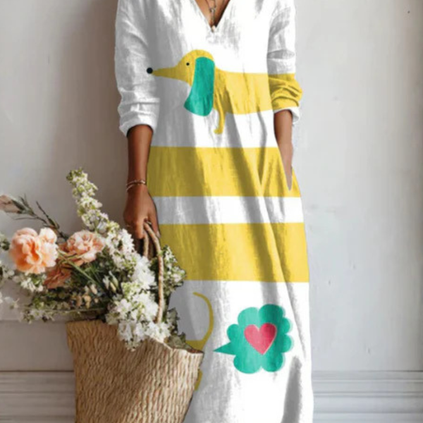 Aziza — White and Yellow Striped Novelty-Print V-Neck Boho Maxi Dress