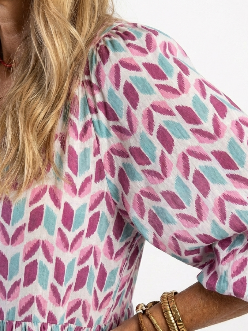 Leofrun — Lilac Chevron-Print Tiered Maxi Dress with Balloon Sleeves