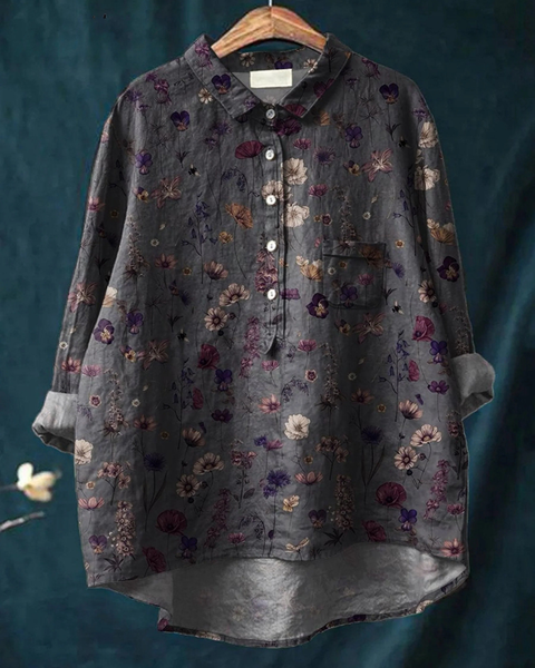 Benedikta — Charcoal Ditsy Floral Print Button-Up Blouse