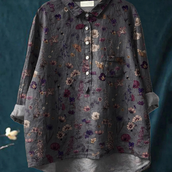 Benedikta — Charcoal Ditsy Floral Print Button-Up Blouse