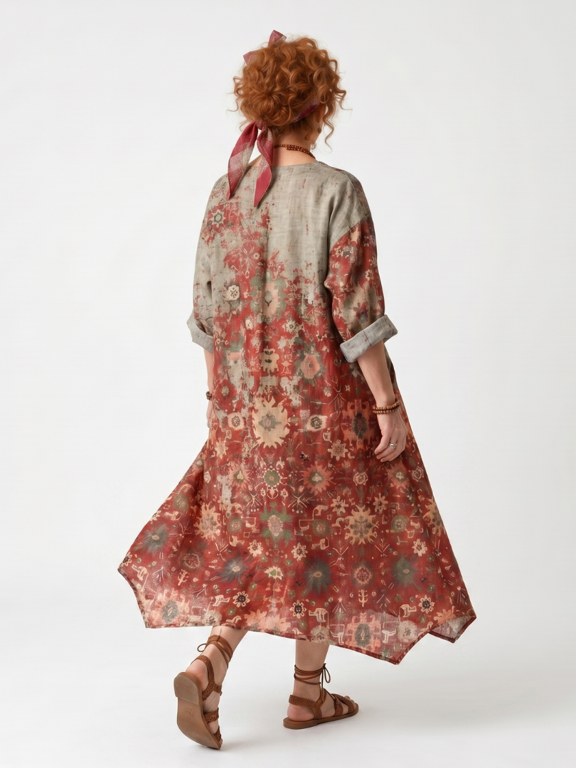 Roswitha — Rust Floral Mixed-Pattern Relaxed Midi Dress with Pockets