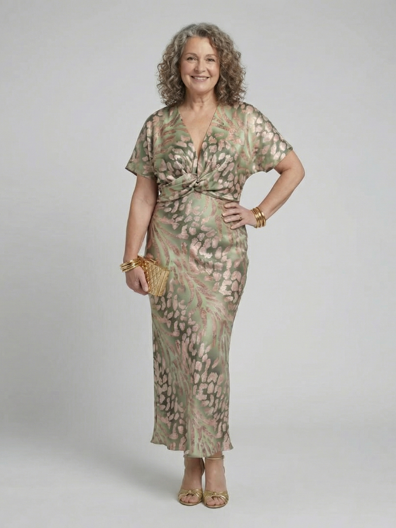 Esyllt — Green Leopard-Print V-Neck Midi Dress with Twist Waist