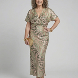 Esyllt — Green Leopard-Print V-Neck Midi Dress with Twist Waist