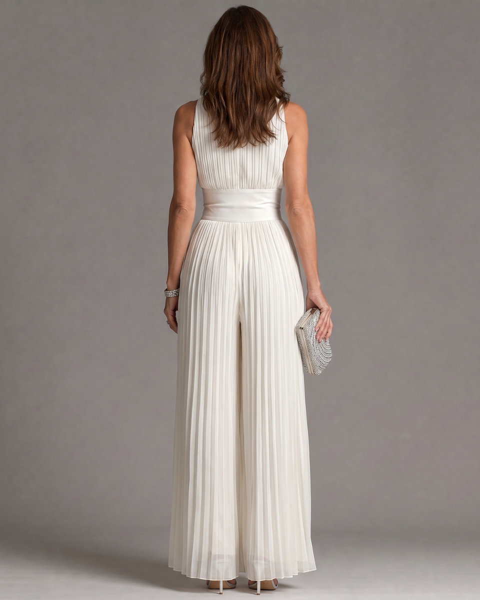 Amarantha — White Pleated Halter-Neck Jumpsuit with Defined Waist