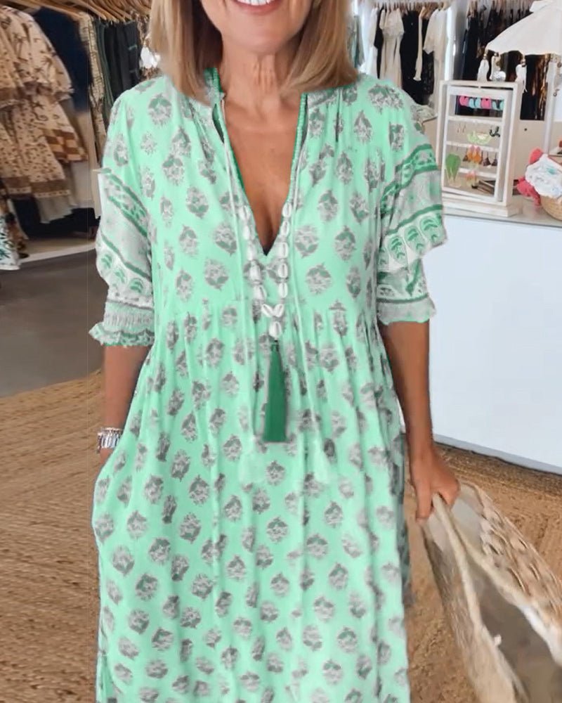 Wilmette — Printed V-Neck Maxi Dress with Tassel Tie and Fringe Hem