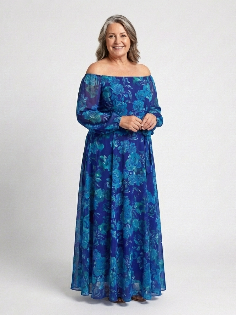 Magnhild — Blue Floral Off-Shoulder Maxi Dress with Long Sleeves