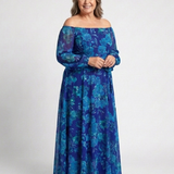 Magnhild — Blue Floral Off-Shoulder Maxi Dress with Long Sleeves
