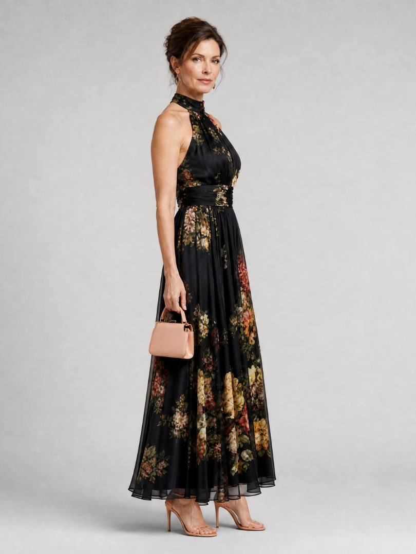 Ethne — Black Floral Halter Midi Dress with Gathered Bodice