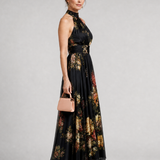 Ethne — Black Floral Halter Midi Dress with Gathered Bodice