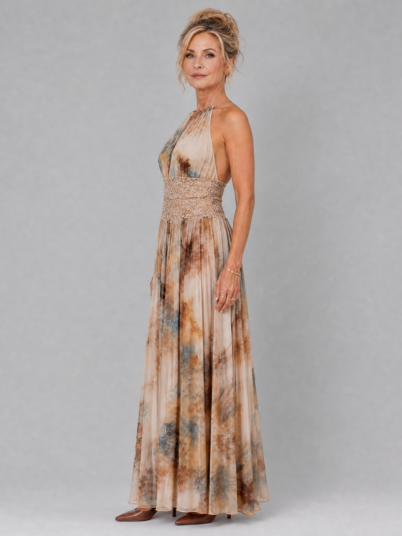 Helga — Watercolour Print Halter Maxi Dress with Lace Waist Panel