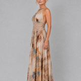 Helga — Watercolour Print Halter Maxi Dress with Lace Waist Panel