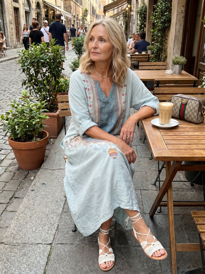 Fredrika — Pale Blue Ornate-Panel Relaxed Midi Dress with Pockets