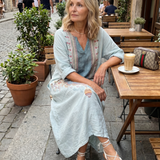 Fredrika — Pale Blue Ornate-Panel Relaxed Midi Dress with Pockets