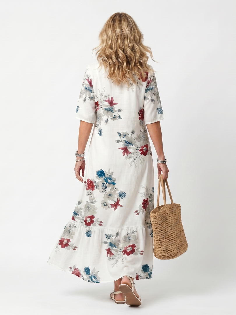 Severine — White Scattered Floral Tiered Maxi Dress with Tassel Ties