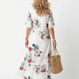 Severine — White Scattered Floral Tiered Maxi Dress with Tassel Ties