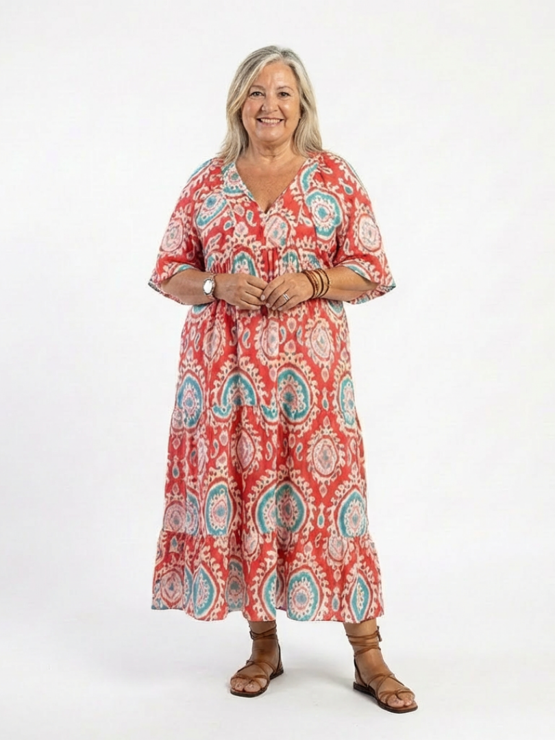 Isolina — Red Medallion-Print Tiered Maxi Dress with Short Sleeves