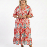 Isolina — Red Medallion-Print Tiered Maxi Dress with Short Sleeves