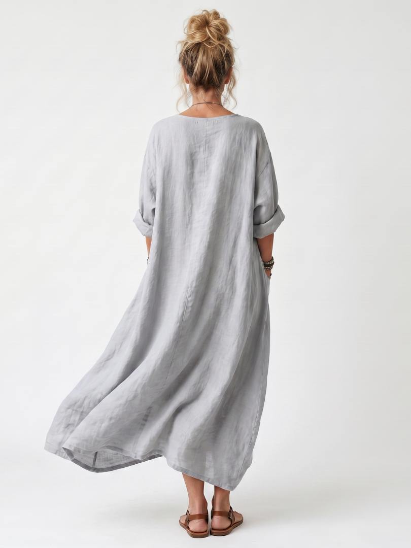 Bodil — Grey Contrast-Panel Relaxed Midi Dress with Embroidered Detail and Pockets