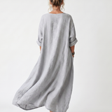 Bodil — Grey Contrast-Panel Relaxed Midi Dress with Embroidered Detail and Pockets