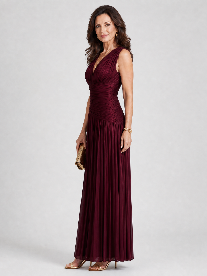Olimpia — Burgundy Pleated V-Neck Midi Dress with Gathered Waist