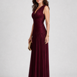 Olimpia — Burgundy Pleated V-Neck Midi Dress with Gathered Waist