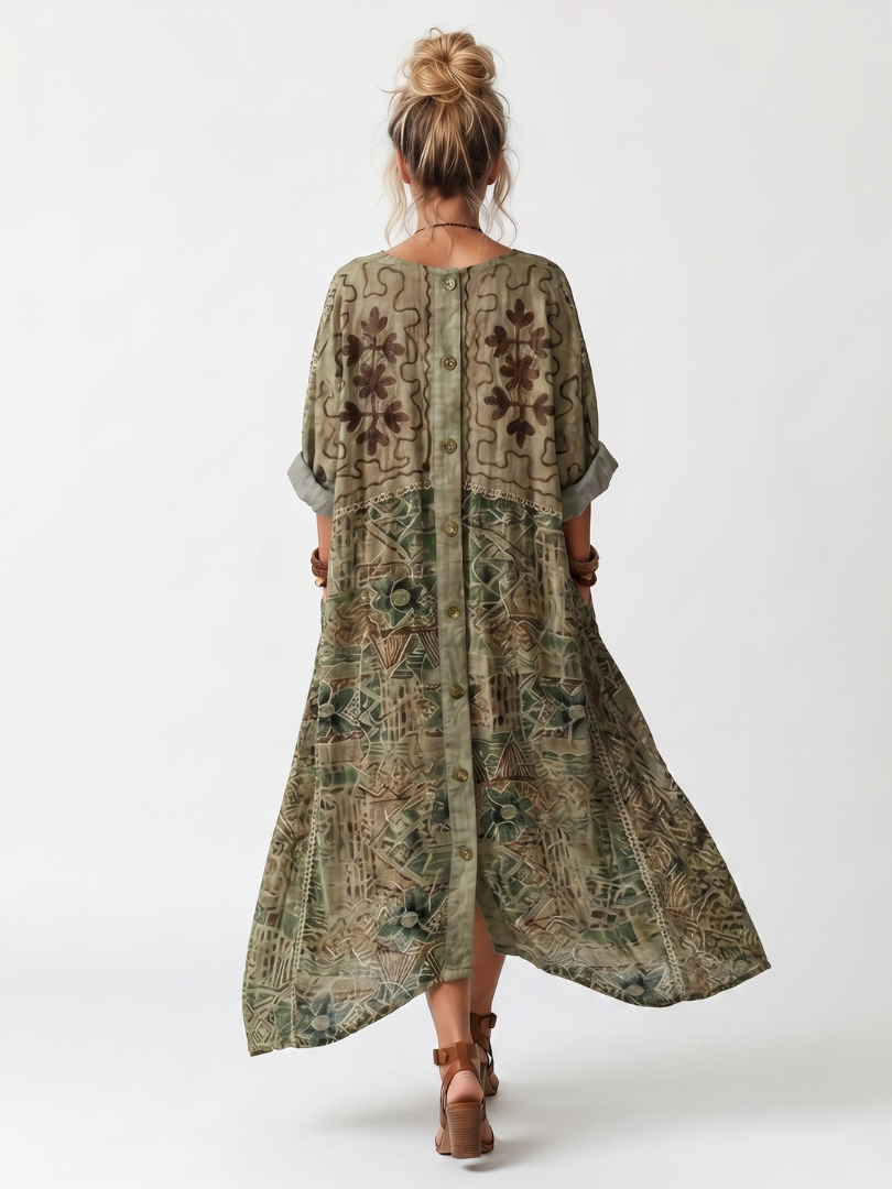 Cadella — Olive Embroidered Button-Front Relaxed Midi Dress with Pockets