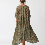 Cadella — Olive Embroidered Button-Front Relaxed Midi Dress with Pockets