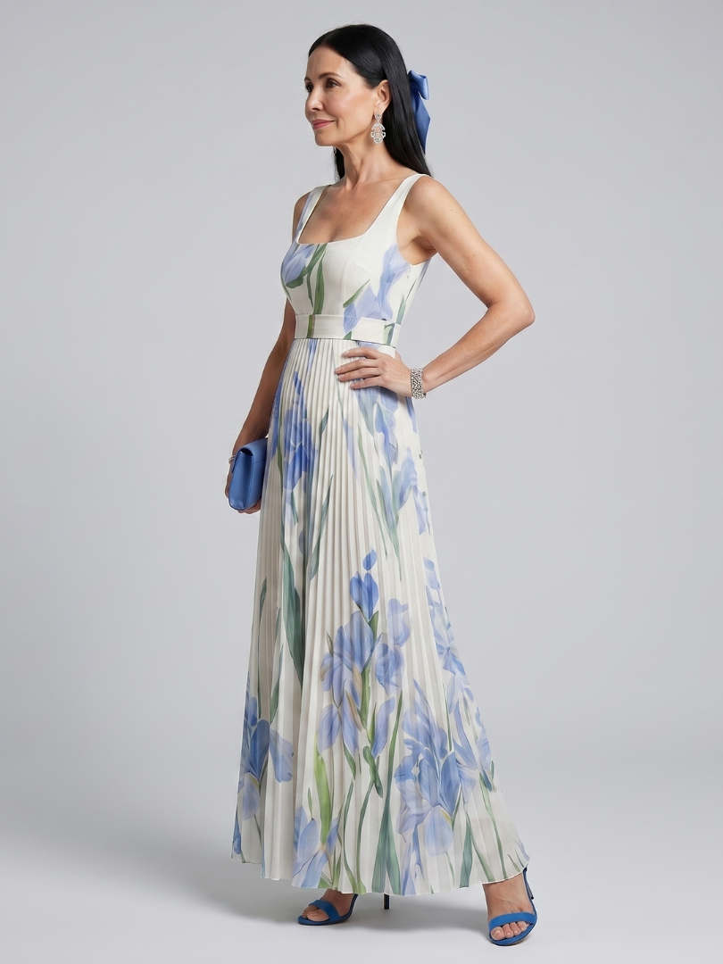 Novella — Blue Iris Print Square-Neck Midi Dress with Pleated Skirt