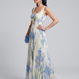 Novella — Blue Iris Print Square-Neck Midi Dress with Pleated Skirt
