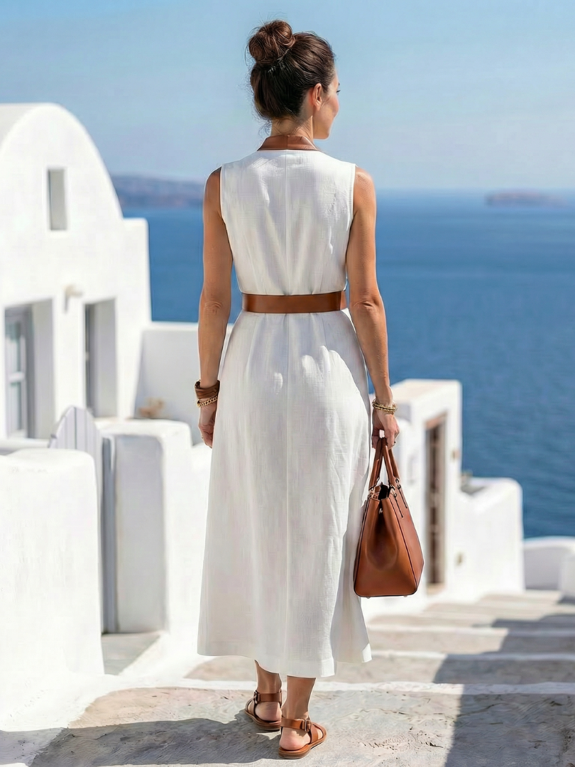 Coralyn — Sleeveless Midi Dress with Contrast Belt Tie and Trim