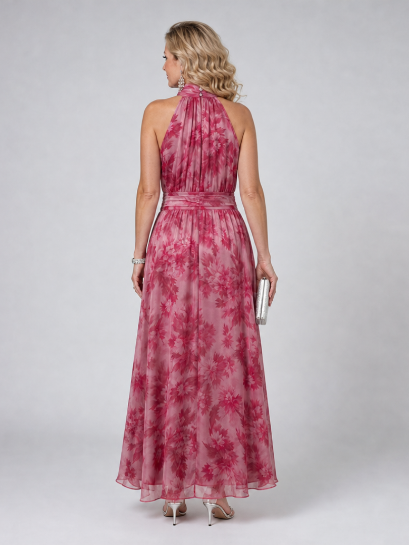 Marthe — Pink Floral Halter Midi Dress with Gathered Bodice
