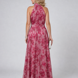 Marthe — Pink Floral Halter Midi Dress with Gathered Bodice