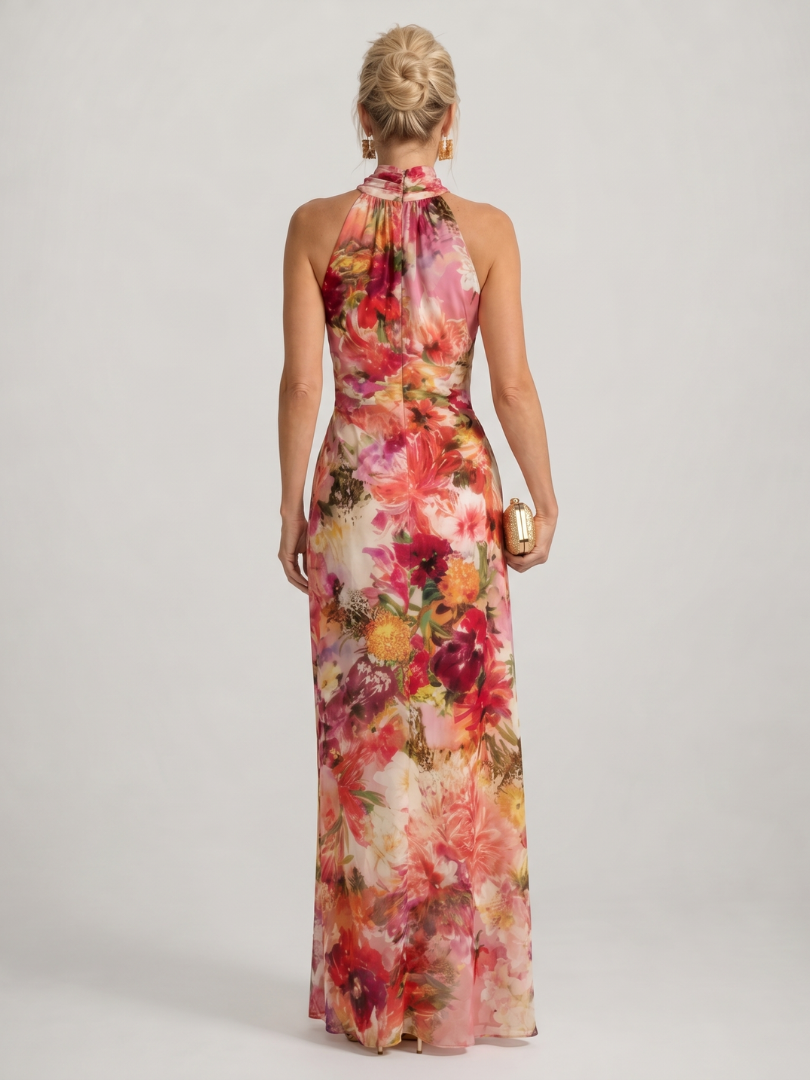 Gioconda — Red and Pink Floral Halter Maxi Dress with Gathered Bodice
