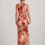 Gioconda — Red and Pink Floral Halter Maxi Dress with Gathered Bodice