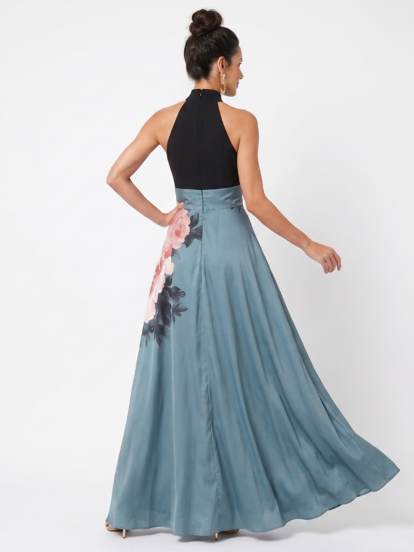 Keturah — Black Halter Bodice and Blue Rose-Print Maxi Dress with Front Slit