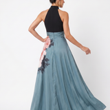 Keturah — Black Halter Bodice and Blue Rose-Print Maxi Dress with Front Slit