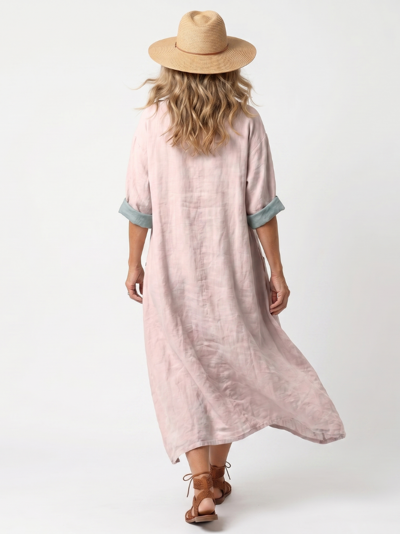 Dorit — Blush Pink Embroidered-Panel Relaxed Midi Dress with Pockets