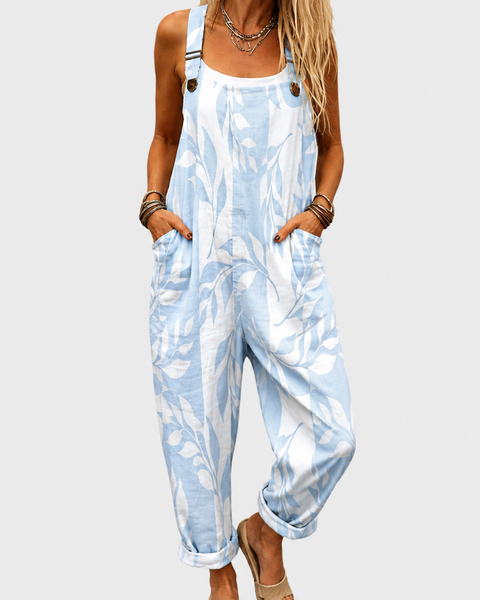 Wren — Pale Blue Leaf Print Overalls