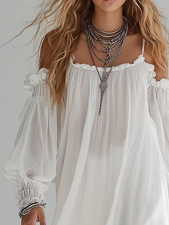 Pernilla — White Off-Shoulder Boho Mini Dress with Puffed Sleeves