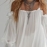 Pernilla — White Off-Shoulder Boho Mini Dress with Puffed Sleeves