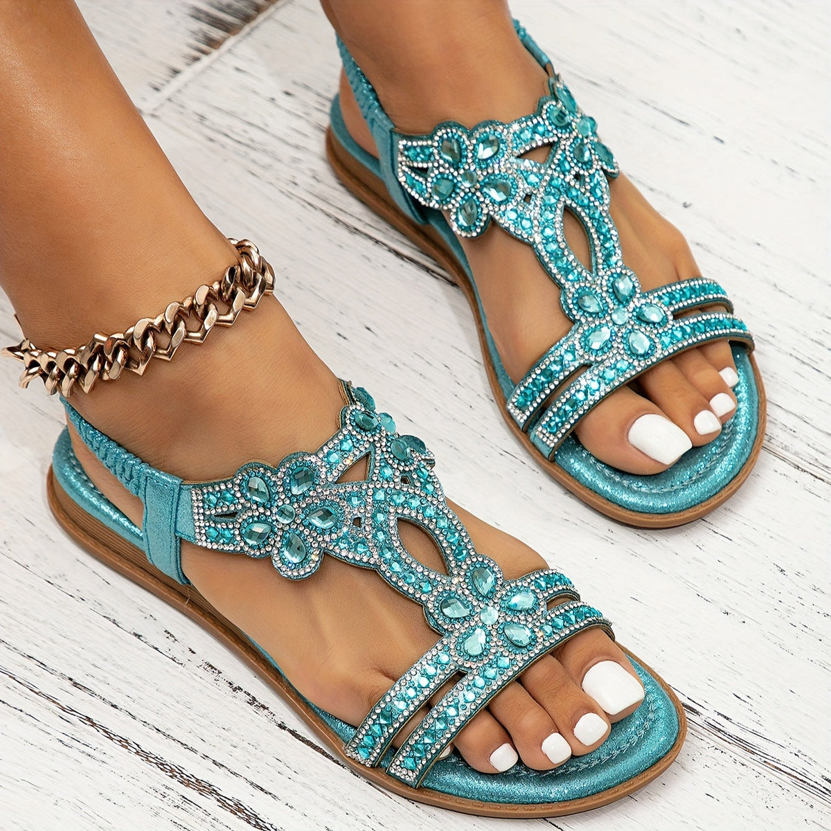 Rhona — Crystal-Detail Slingback Flat Sandals