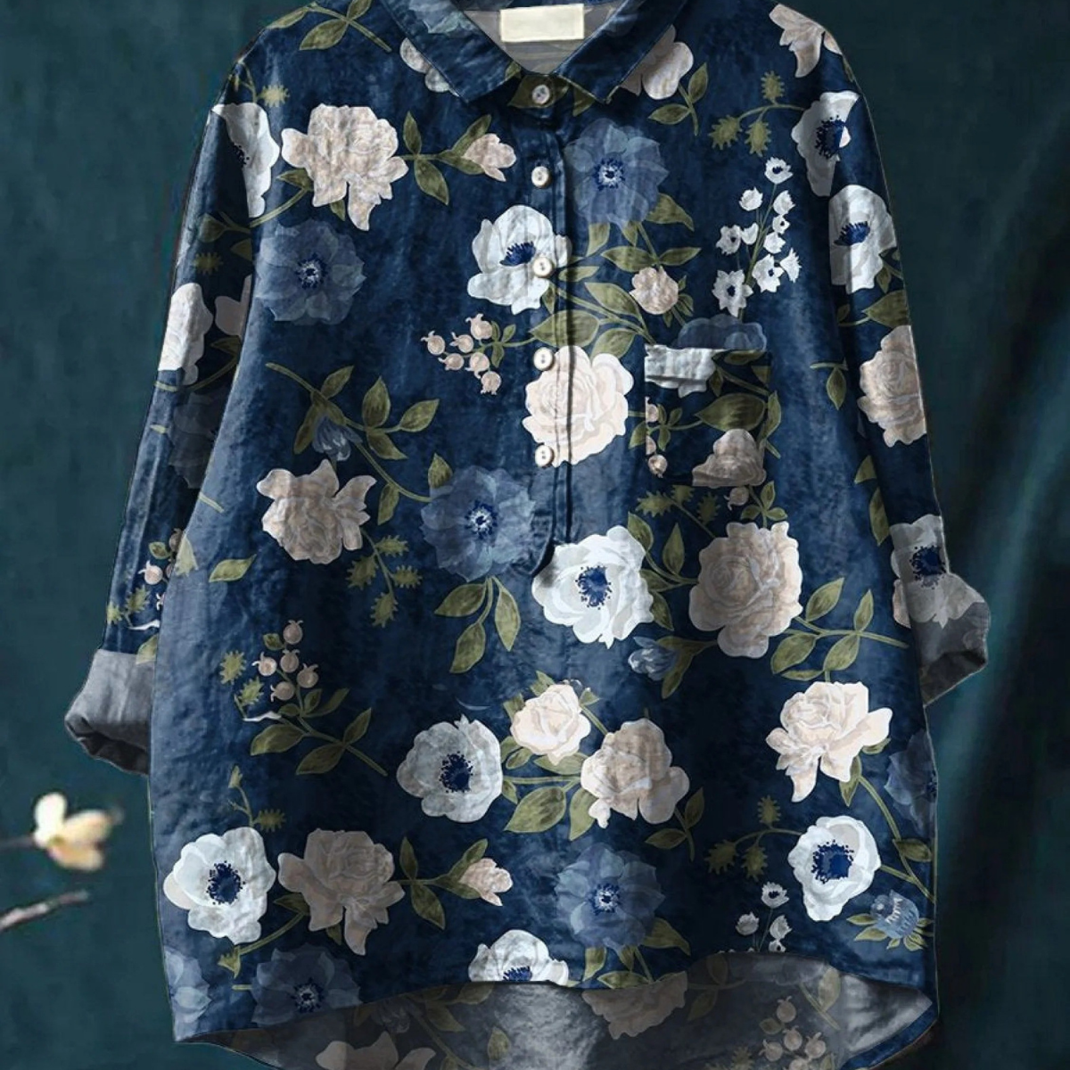 Kasia — Navy and White Bloom Print Button-Up Blouse