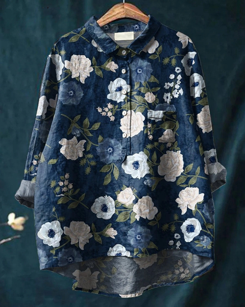 Kasia — Navy and White Bloom Print Button-Up Blouse
