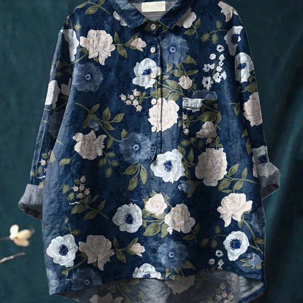 Kasia — Navy and White Bloom Print Button-Up Blouse