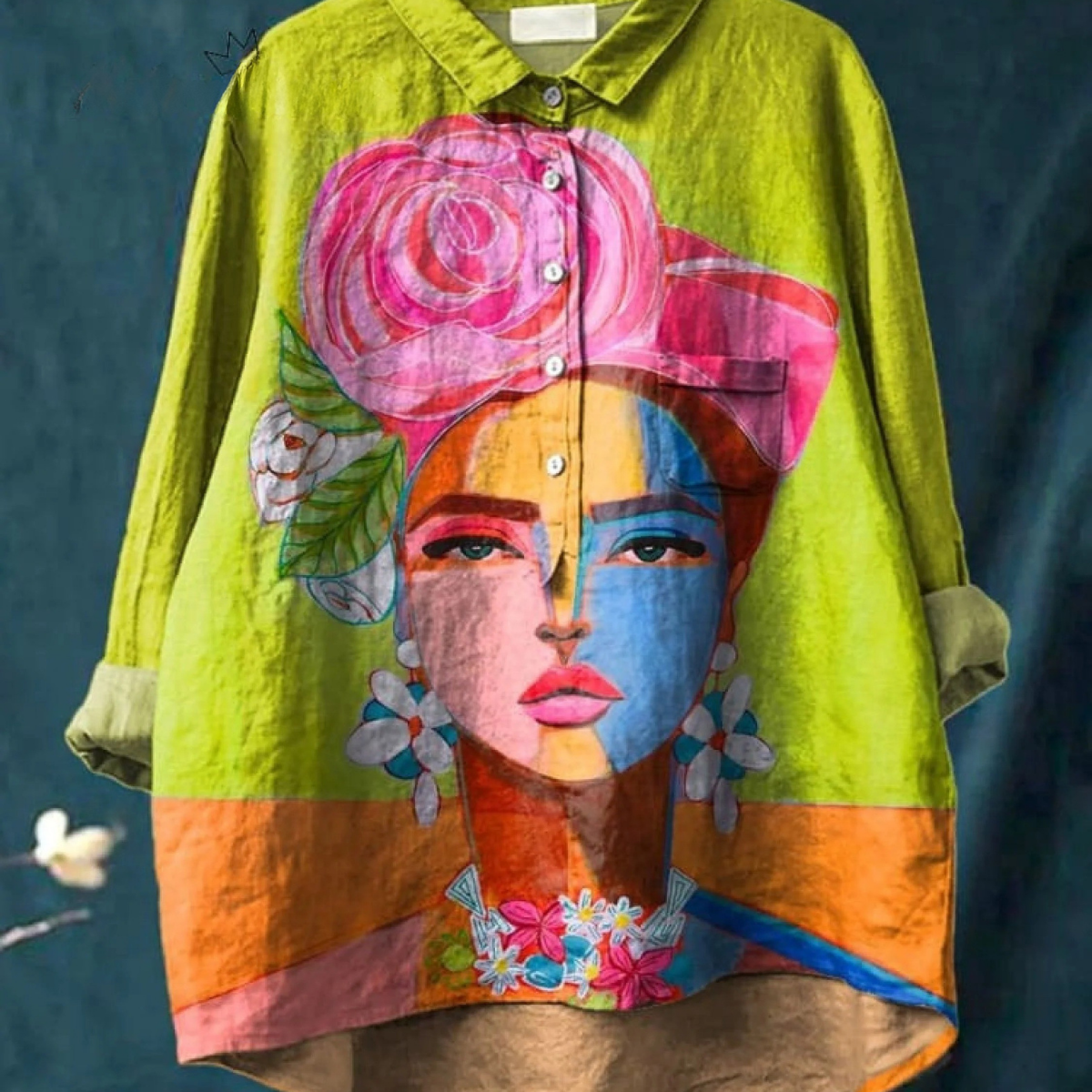 Malvina — Floral Crown Portrait Print Button-Up Blouse
