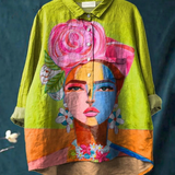 Malvina — Floral Crown Portrait Print Button-Up Blouse