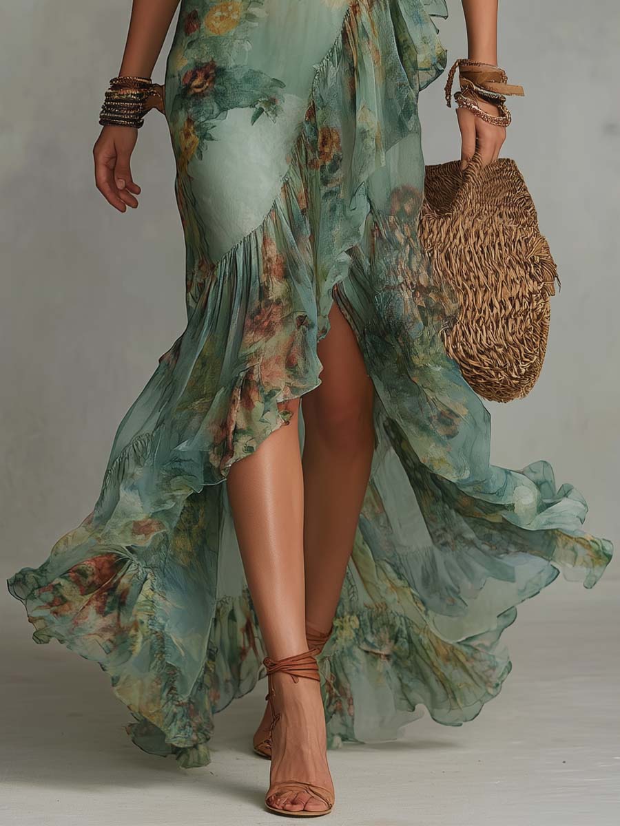 Alkmene — Sage Floral V-Neck Maxi Dress with Defined Waist