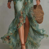 Alkmene — Sage Floral V-Neck Maxi Dress with Defined Waist