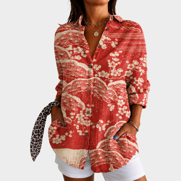 Ariane — Blusa Vermelha com Estampa Oriental