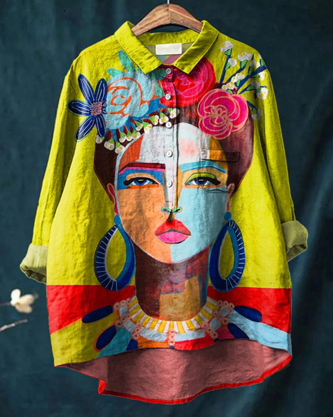 Malvina — Floral Crown Portrait Print Button-Up Blouse
